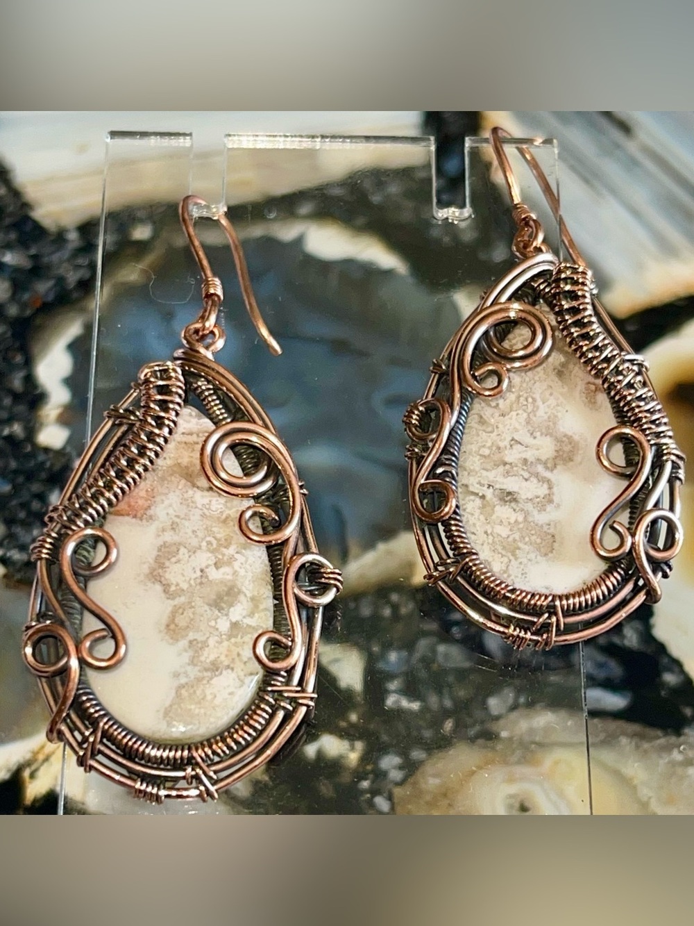 Copper Wire-wrapped Crazy Lace Agate Earrings 2 1/4” - Picture 13 of 17